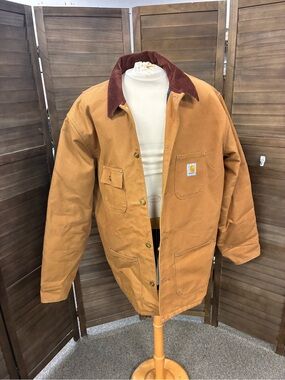 Carhartt Tan Work Jacket with Brown Corduroy Collar and Flannel Lined